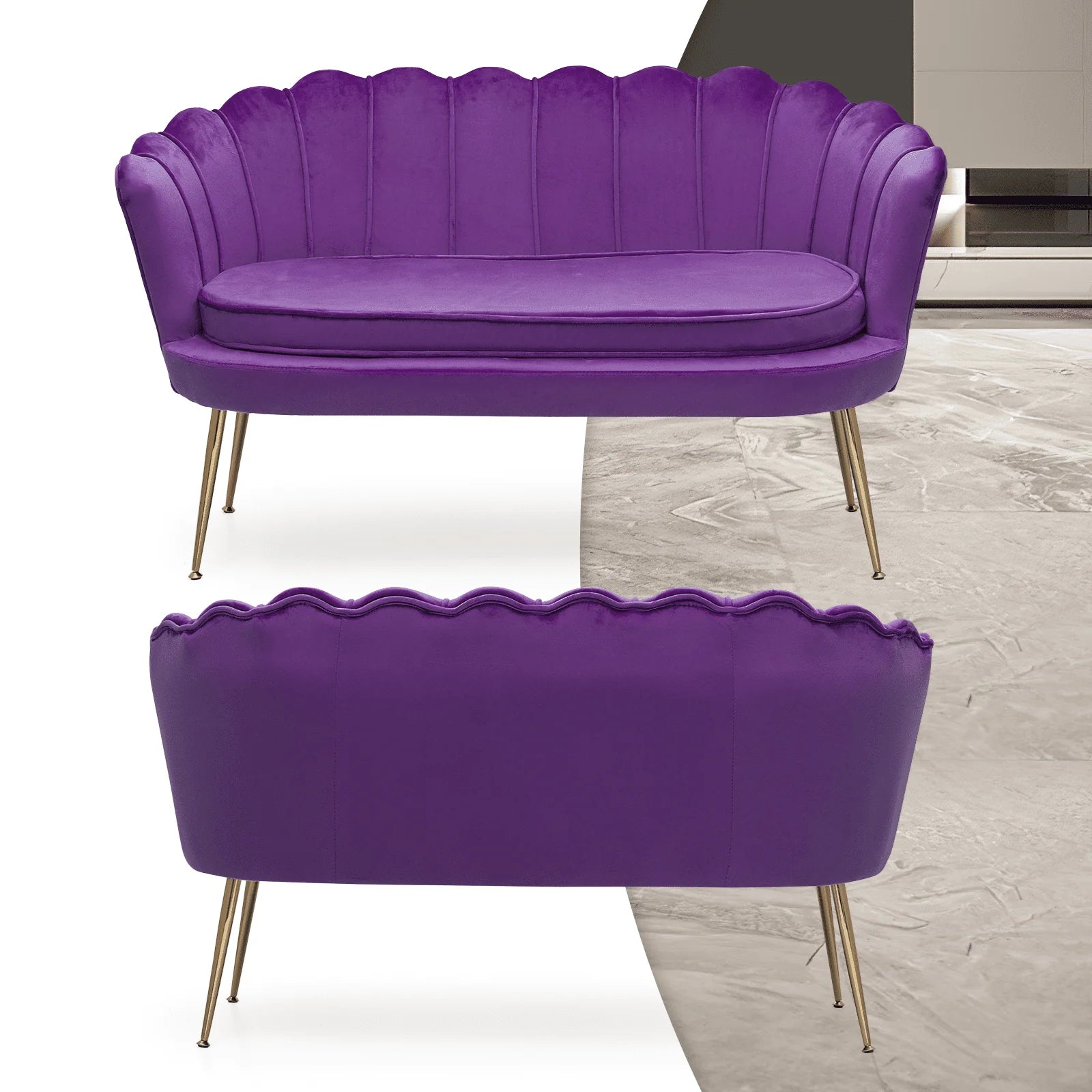 Monibloom Contemporary Velvet Loveseat Chair with Gold - Finished Metal Legs, 2 - Seater Sofa with Two Pillows for Living Room, Bedroom, Home Office, Purple