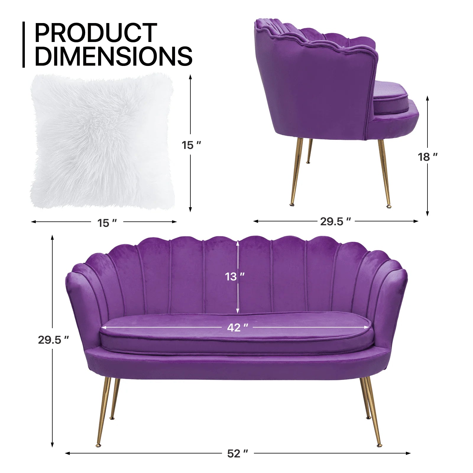 Monibloom Contemporary Velvet Loveseat Chair with Gold - Finished Metal Legs, 2 - Seater Sofa with Two Pillows for Living Room, Bedroom, Home Office, Purple