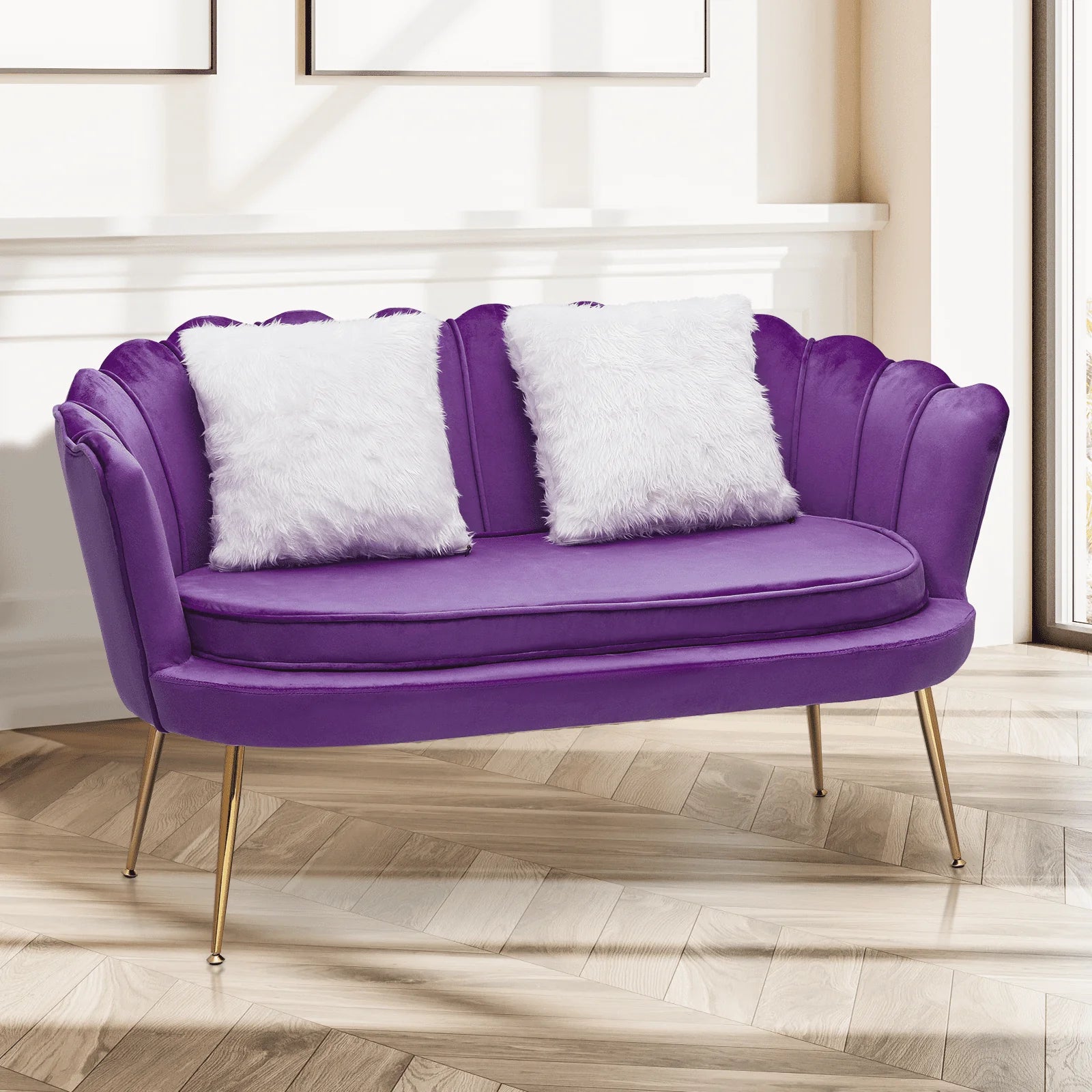 Monibloom Contemporary Velvet Loveseat Chair with Gold - Finished Metal Legs, 2 - Seater Sofa with Two Pillows for Living Room, Bedroom, Home Office, Purple