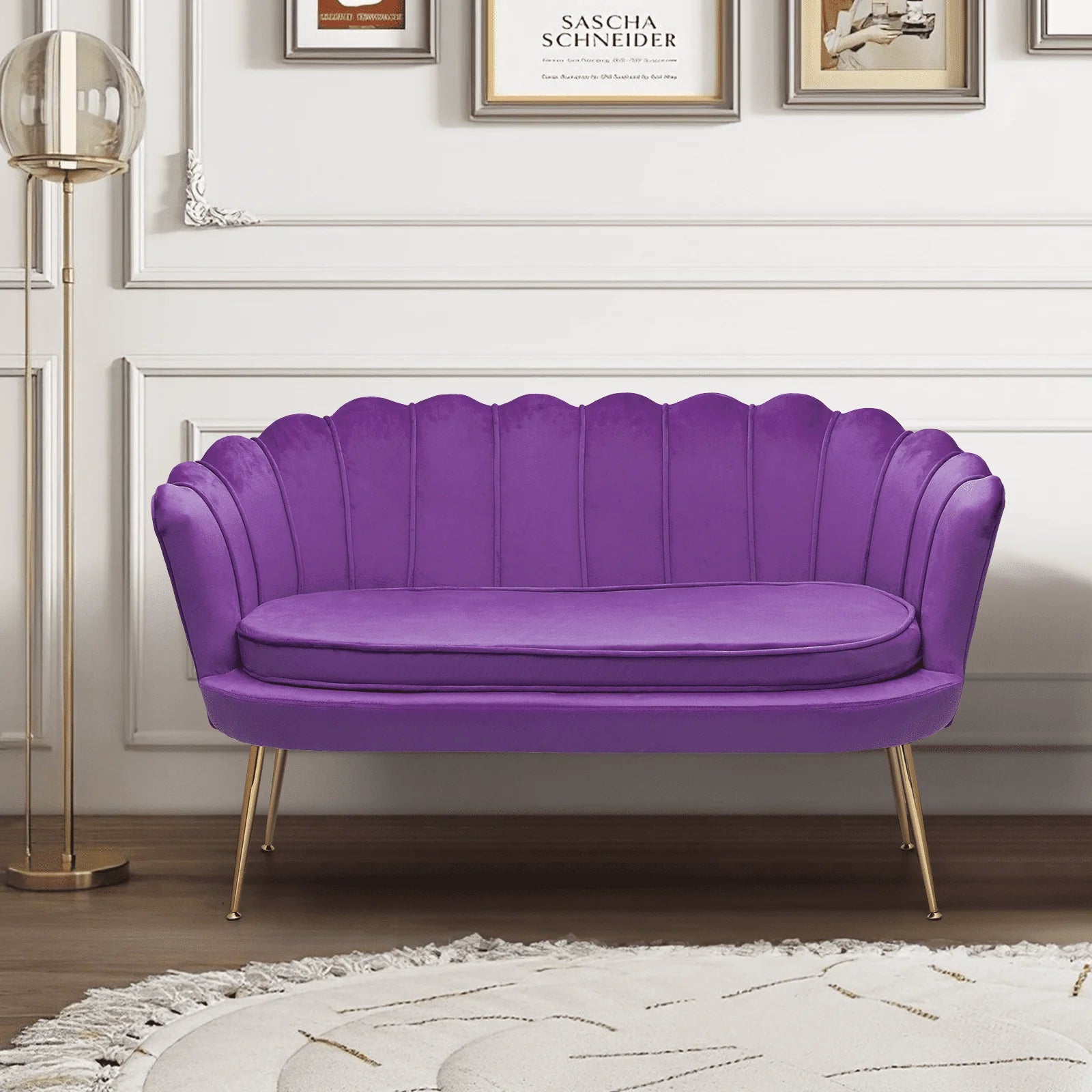 Monibloom Contemporary Velvet Loveseat Chair with Gold - Finished Metal Legs, 2 - Seater Sofa with Two Pillows for Living Room, Bedroom, Home Office, Purple