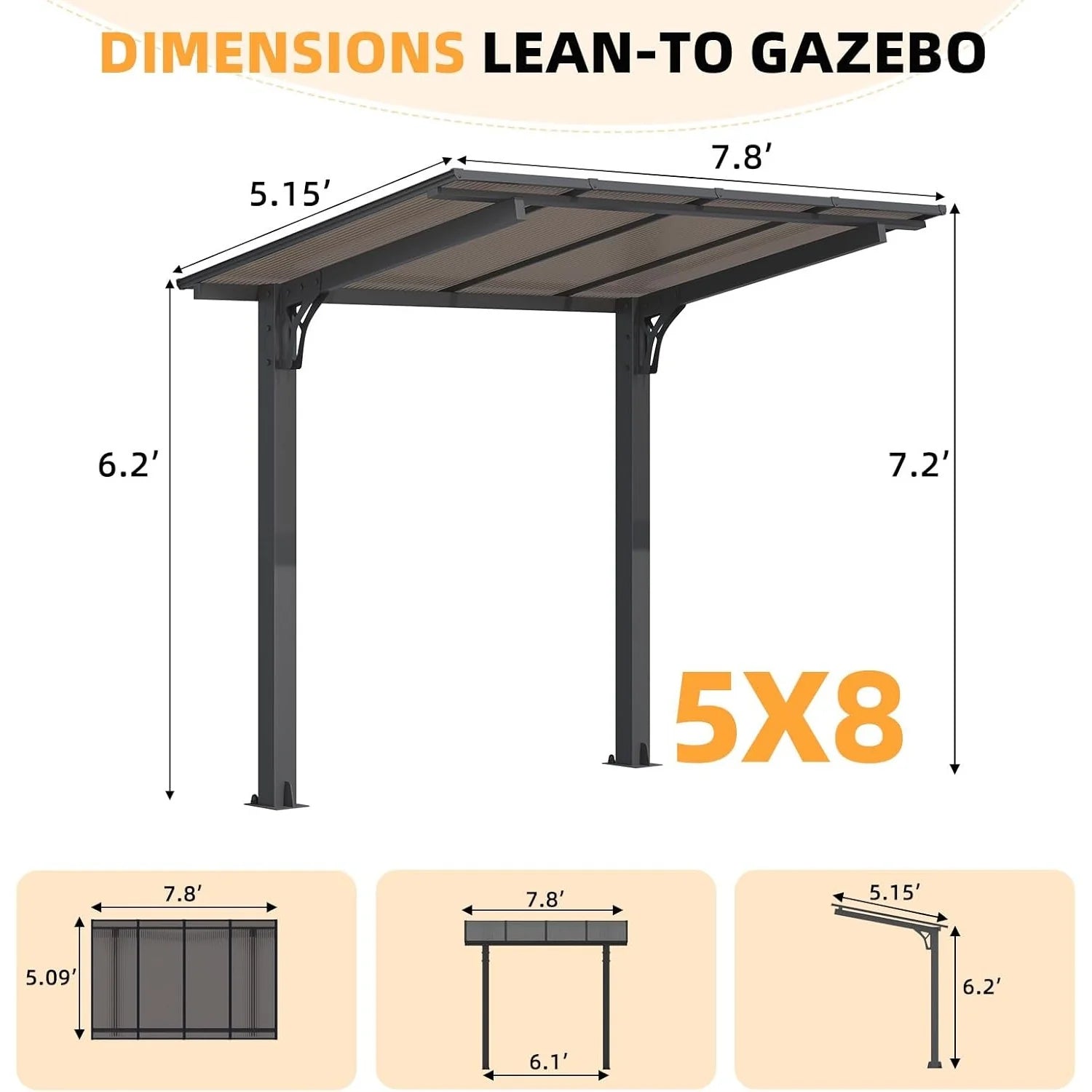 AECOJOY 8' x 5' Gazebo Outdoor Pergola for Patio, Freestanding Lean to Hard Top Grill Gazebo
