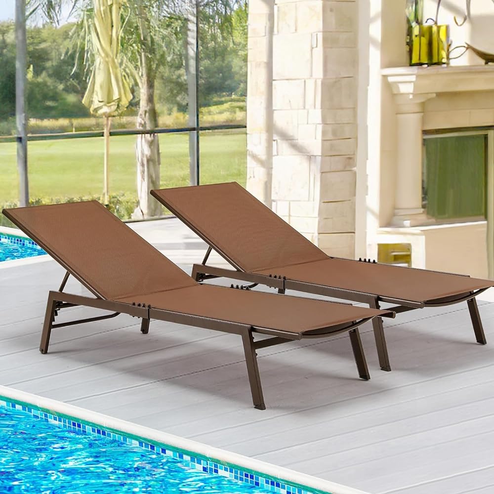 AECOJOY Patio Lounge Chairs, Outdoor Chaise Lounge with Wheels, Brown, 2PCS