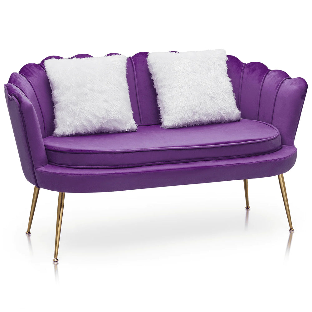 Monibloom Contemporary Velvet Loveseat Chair with Gold - Finished Metal Legs, 2 - Seater Sofa with Two Pillows for Living Room, Bedroom, Home Office, Purple